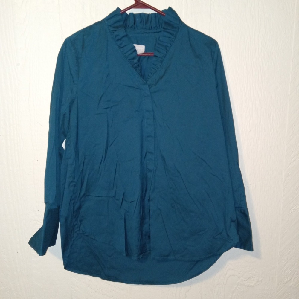 Chico's Ruffle Neck Blouse Women 1 US 8/10 Teal Long Sleeve Stretch Poplin Top